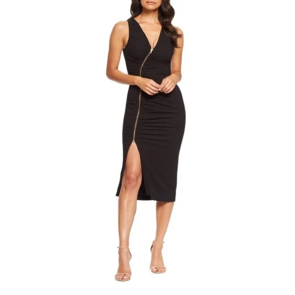 Dress The Population Black Ivy Crepe Ruched Zip Front V-Neck Bodycon